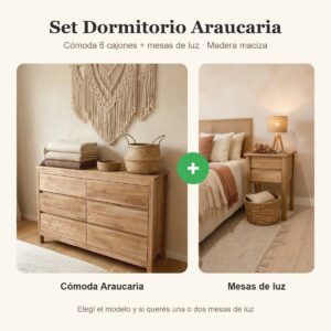 Set Dormitorio Araucaria: cómoda de 6 cajones + mesas de luz – El Choike