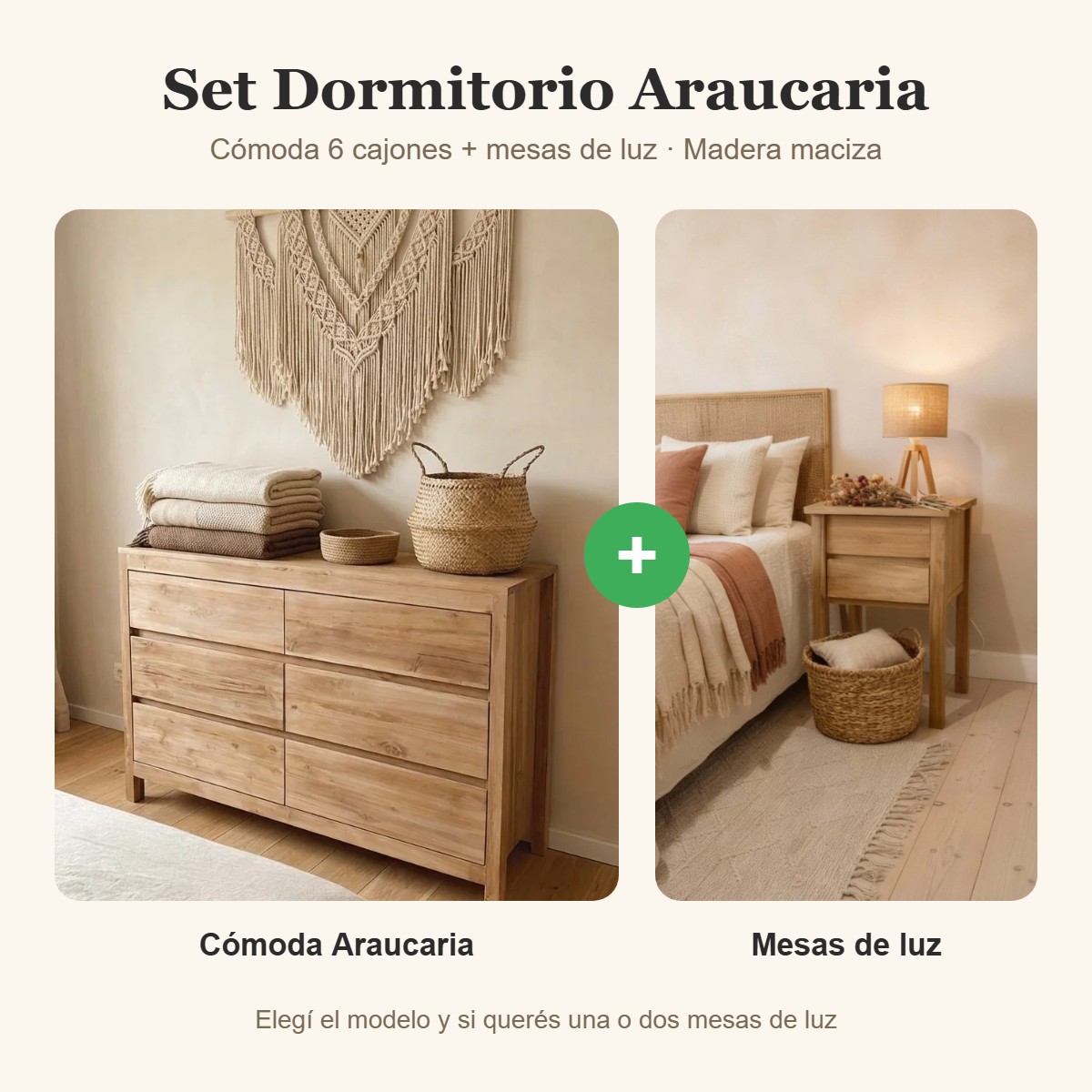 Set Dormitorio Araucaria: cómoda de 6 cajones + mesas de luz – El Choike